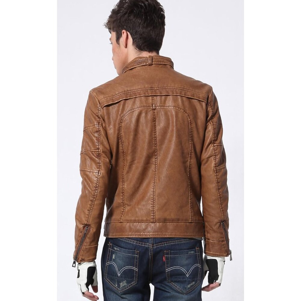 Men's Vintage Stand Collar Pu Leather Jacket - Brown - Picture 2 of 5